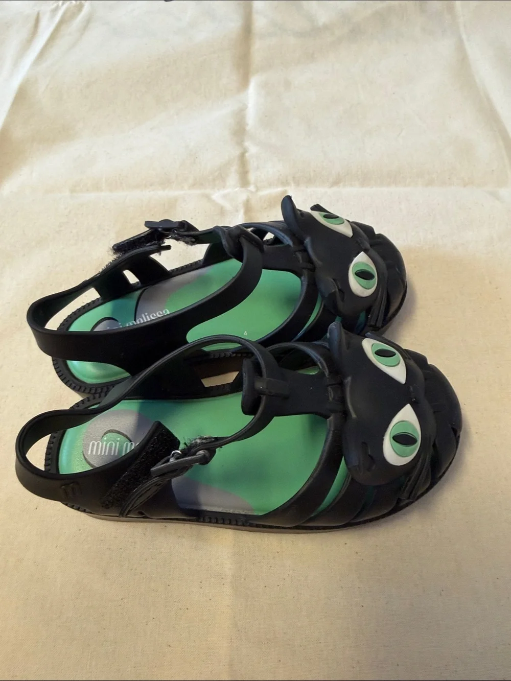 Mini Melissa Black Cat Jelly Sandals with Green Insole